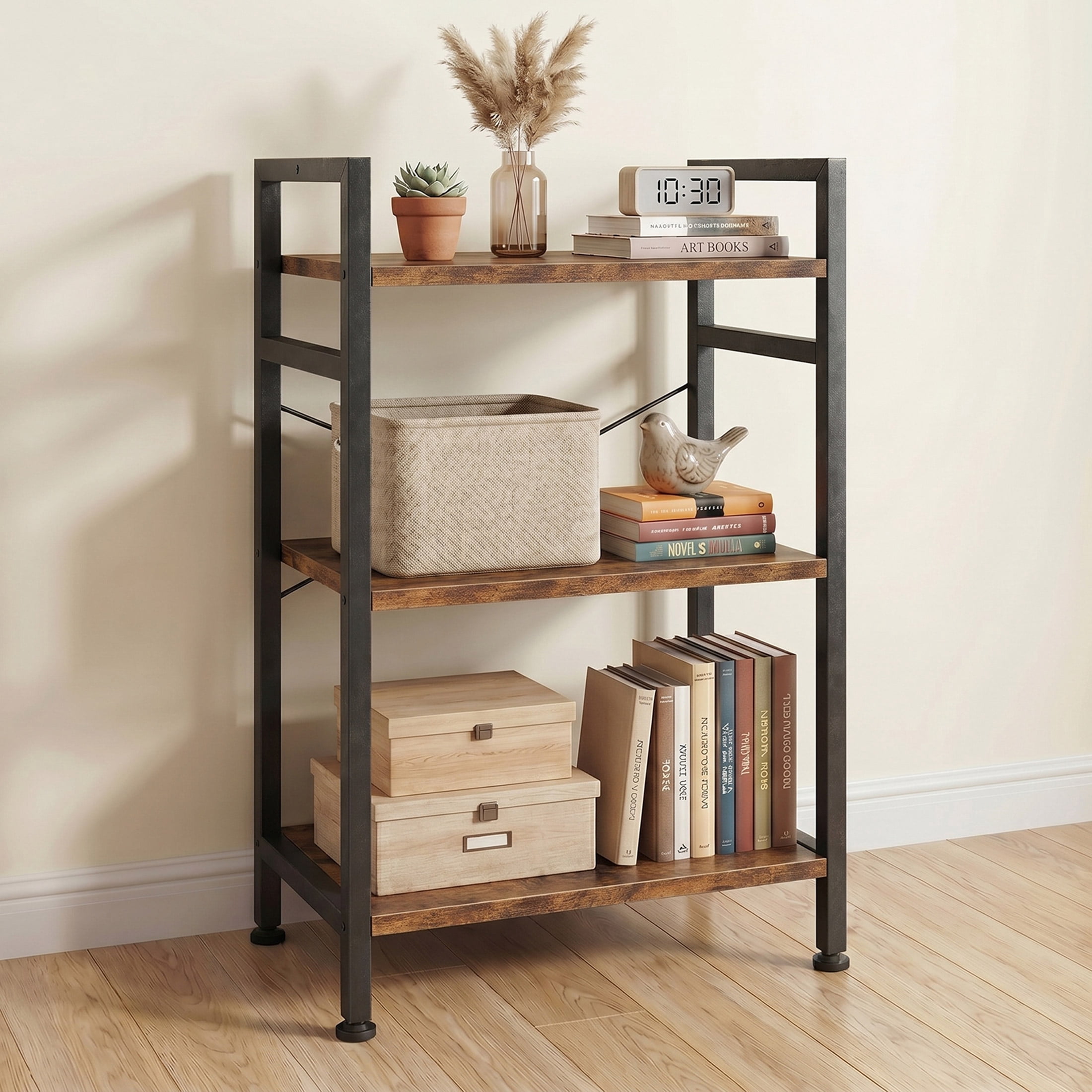 CONCETTA Bookshelf, 3-Tier Small Industrial Storage Shelf & Shelves, Metal Bookcase for Home Office, Living Room, Rust Brown