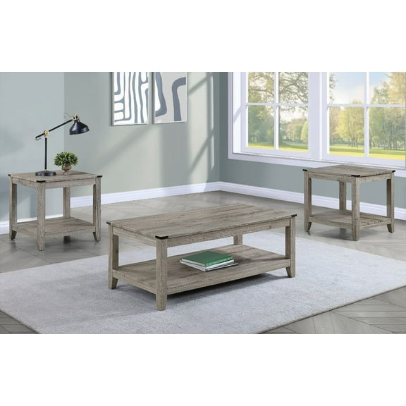 Rustic Gray Brown 3-Piece Wooden Furniture Set - Rectangular Coffee Table & Square End Tables for Living Room