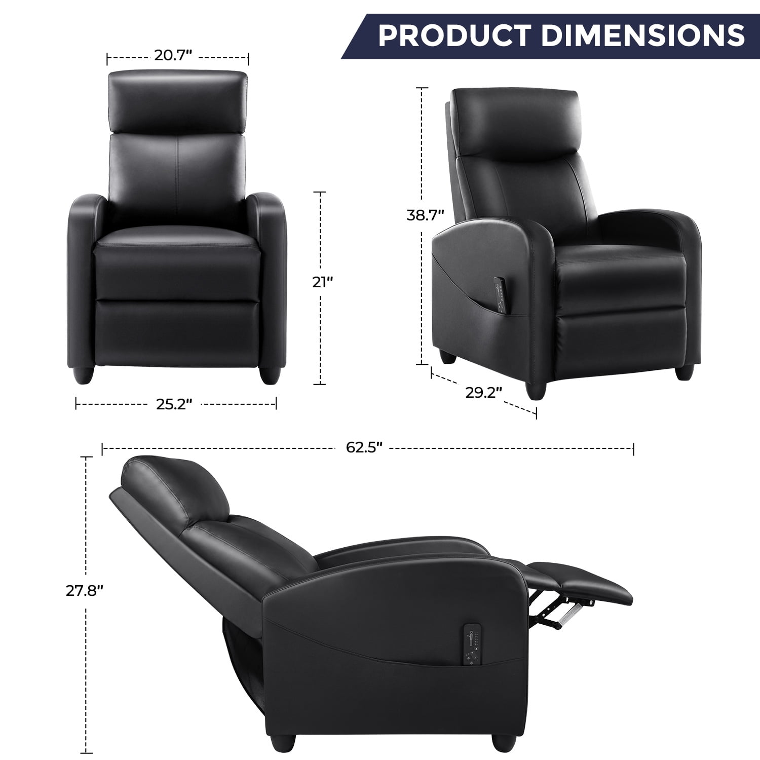 edx Recliner Chair with Massage, PU Leather Single Sofa with Padding Seat for Living Room Bedroom, Black
