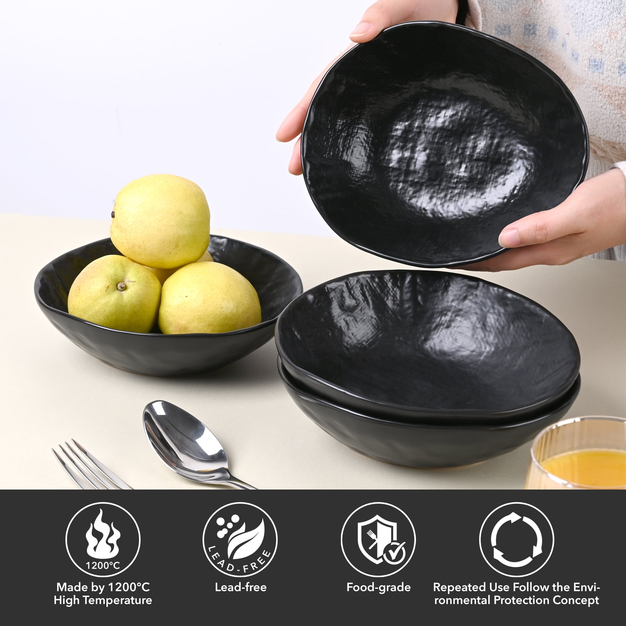 Linen Artisan Pasta Bowls Set of 4, 17oz Serving Bowls for Kitchen, Soup Bowl, Large Stoneware Bowls for Festivals, Housewarming, Dinnerware