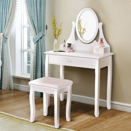 Gymax Bathroom Wooden Mirrored Makeup Vanity Set Stool Table White Gymax Bathroom Wooden Mirrored Makeup Vanity Set Stool Table White