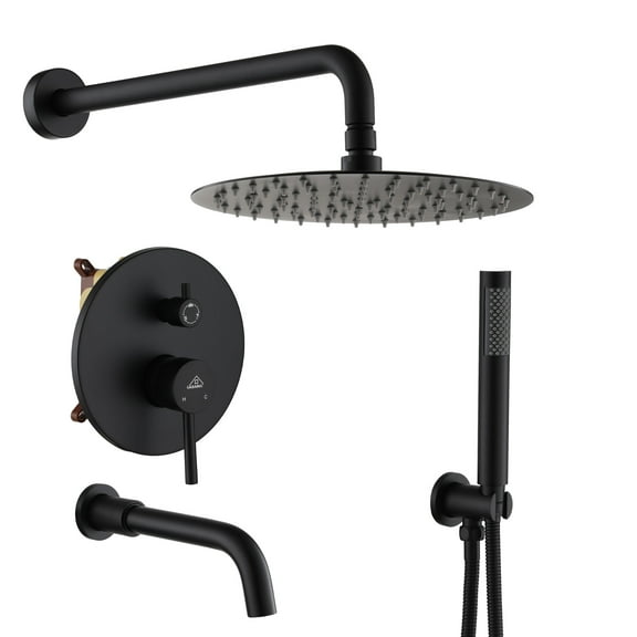 CASAINC 1-Spray Patterns Round 10 in. Wall Mount Dual Shower Heads with Handheld and Tub Faucet in Matte Black
