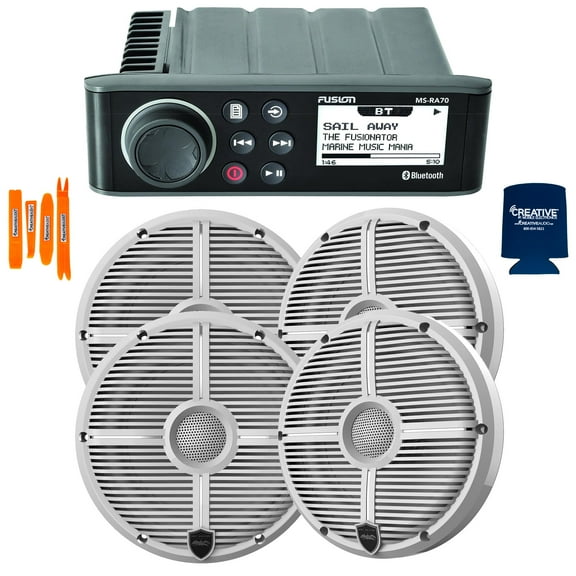 Fusion MS-RA70 Marine AM/FM/BT Stereo with 2 Pairs Wet Sounds RECON 6-XWW High Output 6.5" Marine Coaxial Speakers, White Grill
