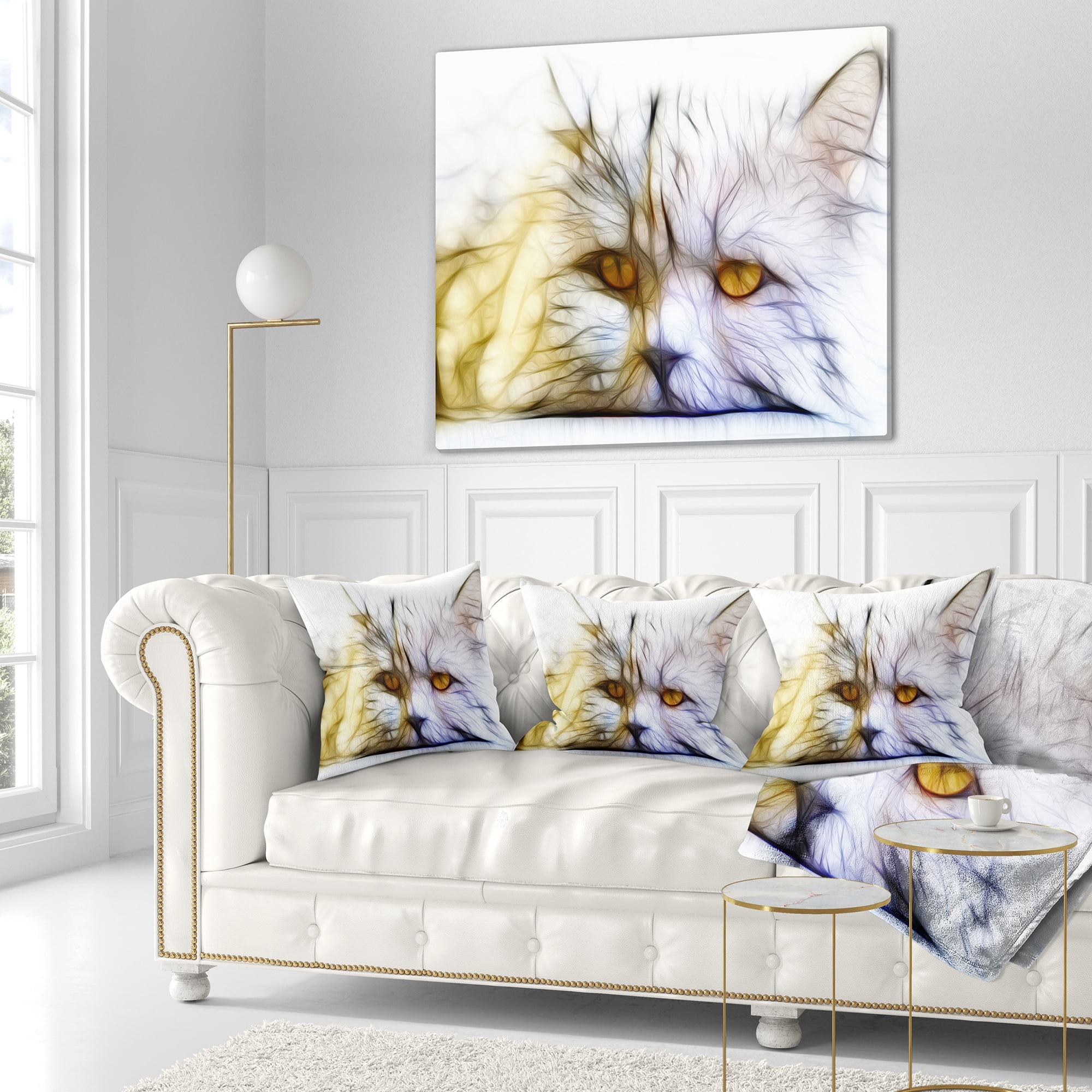 Designart Cute White Cat Fractal Illustration - Animal Throw Pillow - 18x18