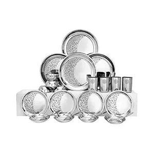 Designer Stainless Steel Delight Laser Bloom Leaf Dinner Set, 24 Pieces