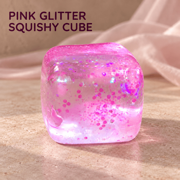 Aiifurss Pink Glitter Squishy Cube, 1.97-Inch Sparkly Slow-Rising Squeeze Stress Relief Sensory Fidget Toy for Kids Ages 8  and Adults, Birthday Christmas Holiday Gift, 1 Count