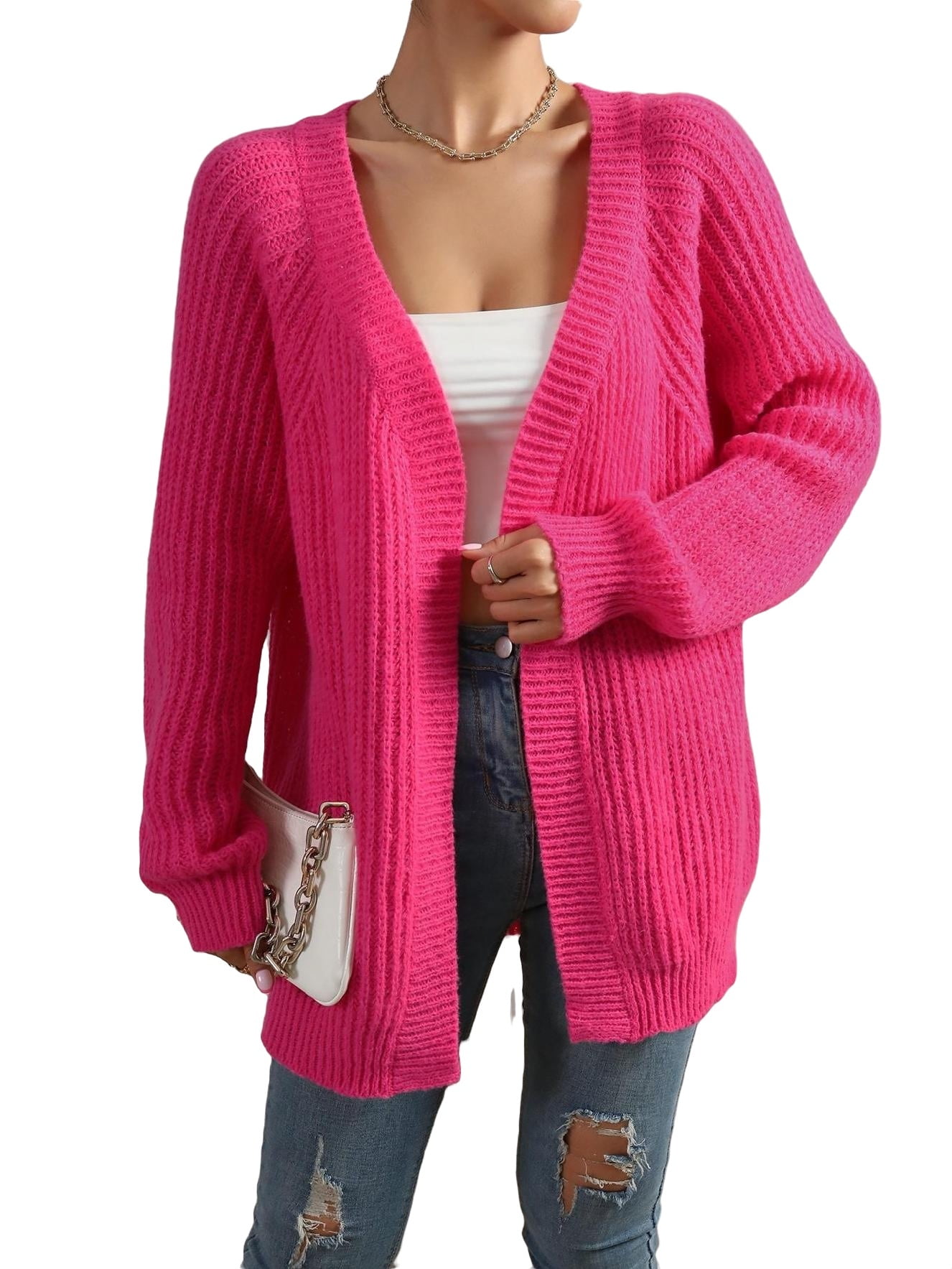Casual Plain Cardigan Long Sleeve Hot Pink Women s Cardigans
