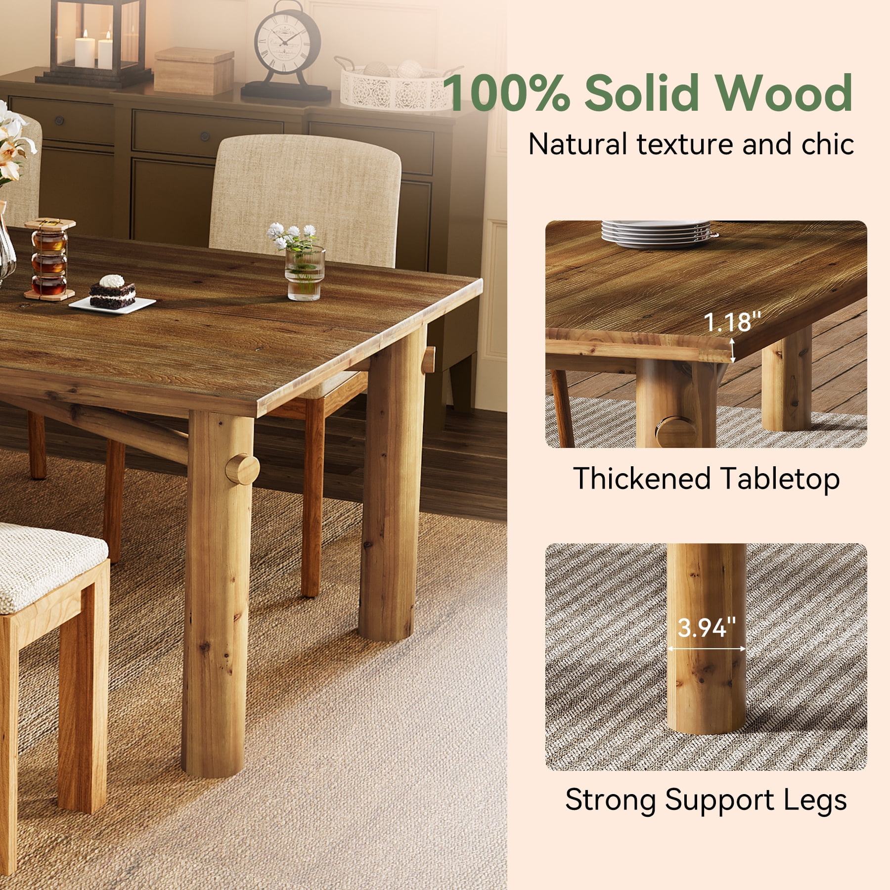 Finmind Solid Wood Dining Table for 6, 63-Inch Farmhouse Wood Kitchen Table with Strong Legs for Dining Room, Living Room, Brown
