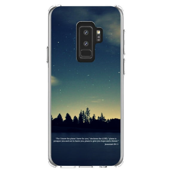 DistinctInk Clear Shockproof Hybrid Case for Samsung Galaxy S9  PLUS (6.2" Screen) - TPU Bumper, Acrylic Back, Tempered Glass Screen Protector - Night Sky Lake Jeremiah 29:11 - Christ
