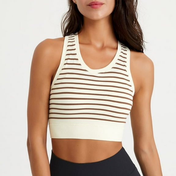 Bigersell Womens Wireless Sports Bra Women Racerback Striped Print V-Neck Workout Yoga Bra Crop Tank Tops Running Sports Bras Push-up Bra No Underwire Female Padded Bralette Style-R19 Coffee S