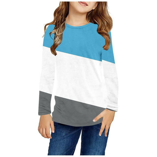 RXIRUCGD Chemises à Manches Longues pour Filles, Col Rond Mignon, Blouses Décontractées Élégantes, Bleu Clair, Taille : 9 Ans