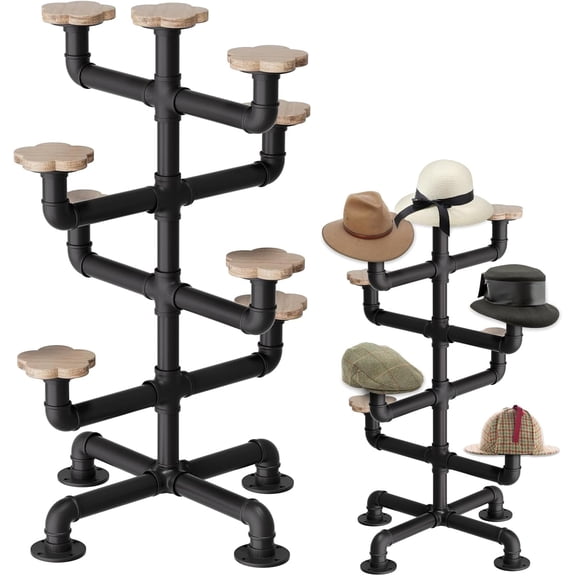 Industrial Hat Rack Stand, 4-Tier Freestanding Hat Display with Wooden Discs, Heavy Duty Metal Pipe Hat Organizer for Cowboy Hats & Retail Display