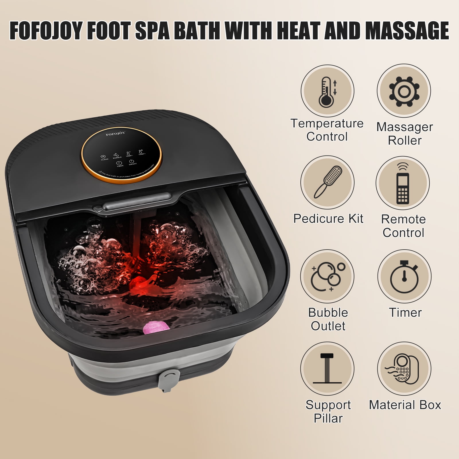 Collapsible Foot Spa with Heat and Massage Rollers,Bubbles, Temperature Control, Remote Control, Pedicure Foot Spa Kit