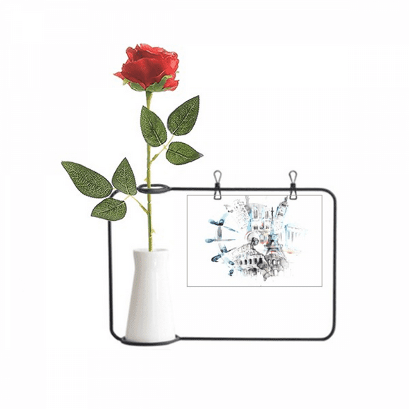 Globe Big Ben Eiffel Tower Watercolor Painting Artificial Rose Flower Hanging Vases Decoration Bottle