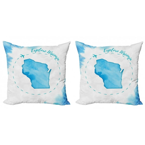 Travel Throw Pillow Cushion Cover Pack of 2, Explore Wisconsin Wording Airplane Circling the Map, Zippered Double-Side Digital Print, 4 Sizes, Sky Blue Coconut, by Ambesonne