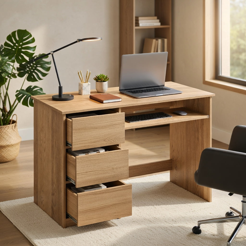 Spaco Computer Desk with Power Outlet Keyboard Tray and 3 Large Drawers-Natural,