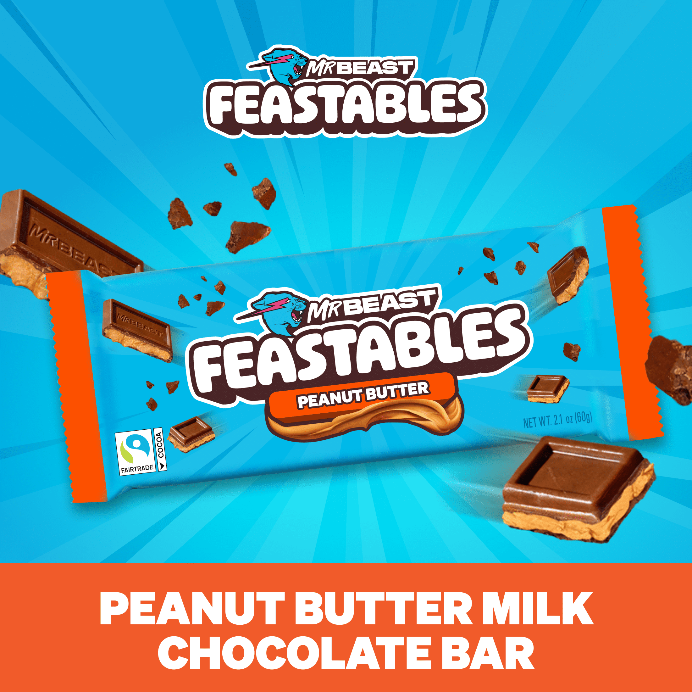 Feastables MrBeast Peanut Butter Milk Chocolate Bar, 2.1 oz (60g), 1 Count