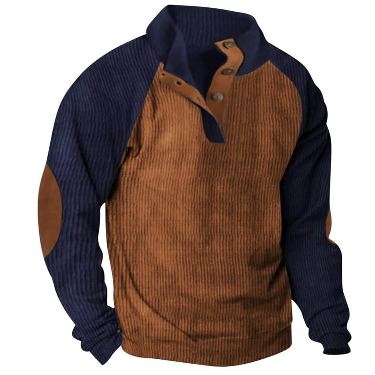 Men's Waffle Sweatshirt Patched Elbow Shoulder Long Sleeve Lapel Button Down Corduroy Plaid Outdoor Casual Pullover Top