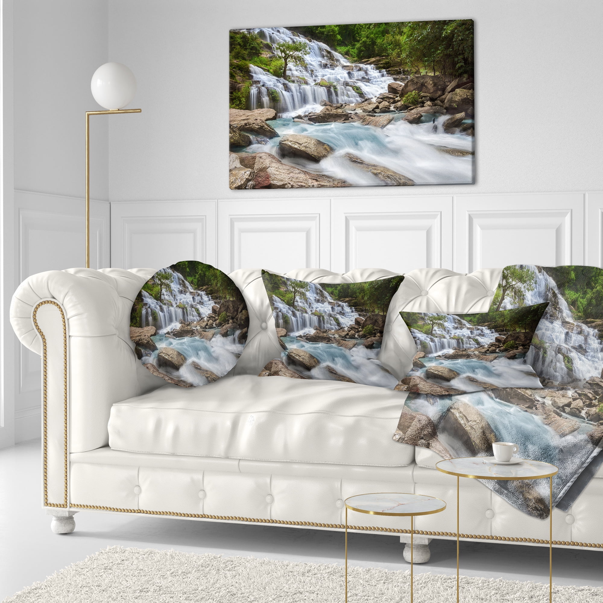 Designart White Mae Ya Waterfall Landscape - Photography Throw Pillow - 12x20