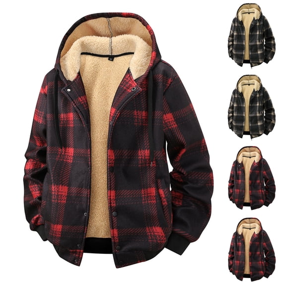 RYDCOT Hoodies for Men Sherpa Lined Heavyweight Flannel Jackets Full Zip Fleece Plaid Shirts Winter Warm Coats Red