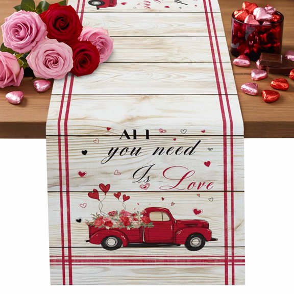 Valentine's Day Table Runner 13 x 48 Inch, Watercolor Love Heart Rose Truck Board Washable Cotton Linen Dining Table Runner Tabletop Decorations for Restaurant Home Kitchen Party