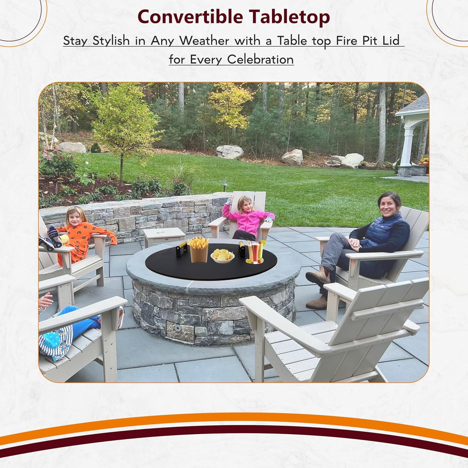 Round Fire Pit Lid - 28 inch fire pit cover Metal with Wooden Handles - Fits for Bonfire Pits or Propane Fire Pit Fire Tables