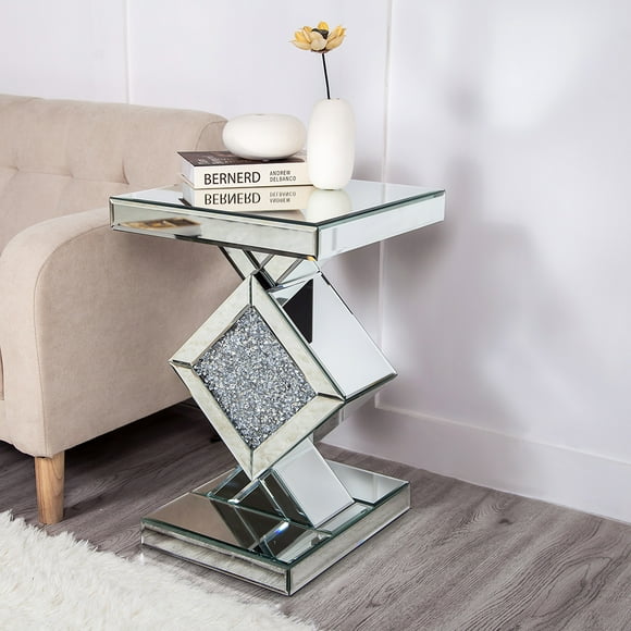 Rectangular Mirrored Glass End Table Modern Silver Accent Table