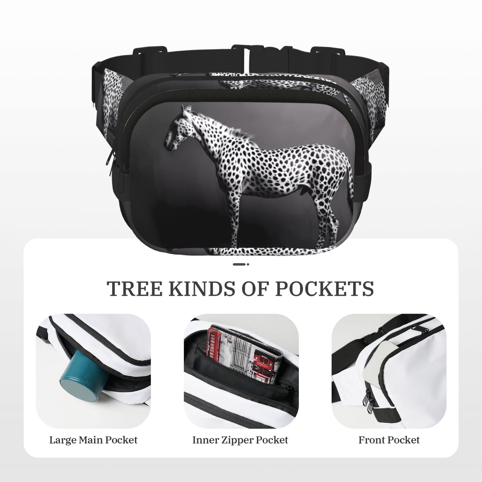 Picia Monochrome Leopard Horse Print Square Double-Layer Waist Bag Mini Adjustable Waist Belt Bag Exercise Running Travel Hiking