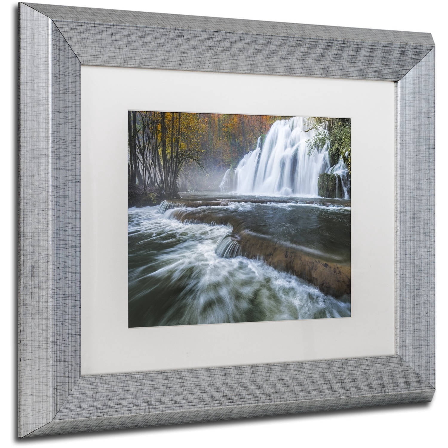 Trademark Fine Art "Waterfalls of Tufs in Jura" Canvas Art by Mathieu Rivrin, White Matte, Silver Frame
