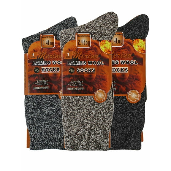 Mens 3-Pack Brown Gray Black Lambs Wool Mega Thermal Work Socks