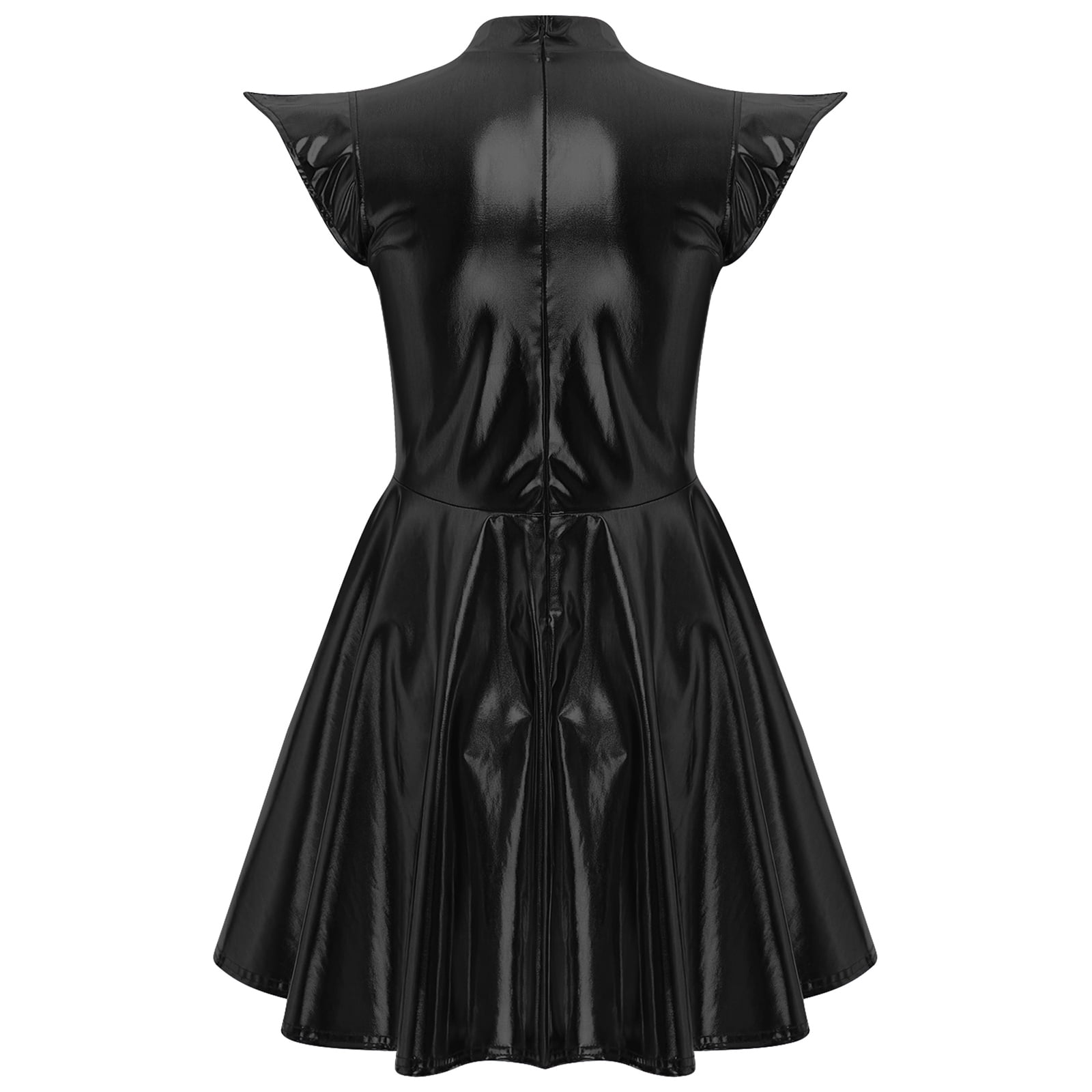 iiniim Women Shiny Metallic Holographic High Waisted Flare Skater Dress Carnival Party Black XXL