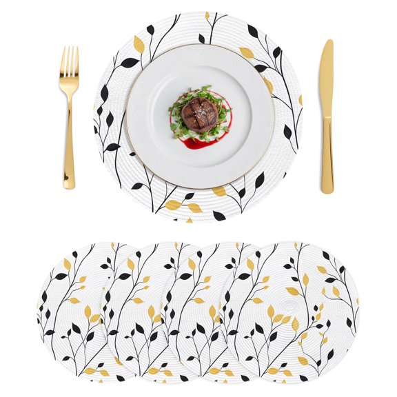 Round Placemats Yellow Black Leaves 15 inch Set of 4 Table Mats for Dining Table Spring Botanical Branches Heat Resistant Non-Slip Kitchen & Home Decorative Place Mat Set