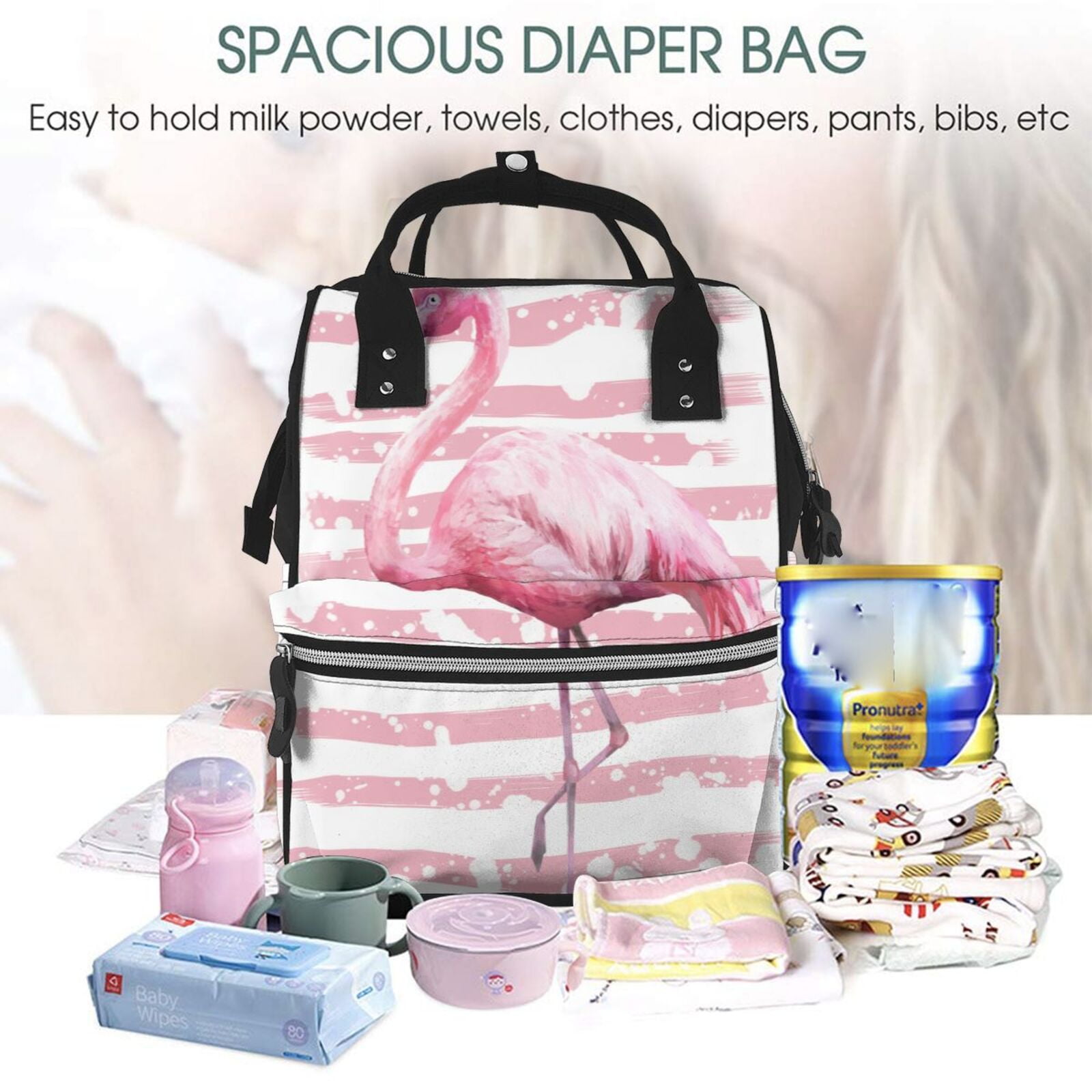 Ratiio Flamingo Mummy Backpack - Waterproof Twill Canvas, Large Capacity Diaper Bag with Multiple Pockets and Adjustable Straps