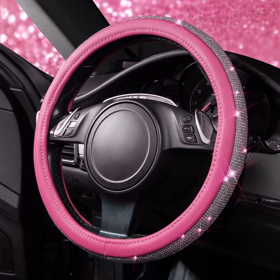 Pink Bling Diamond Leather Steering Wheel Cover with Sparkly Crystal Rhinestones, 14.5-15 Inch Universal Fit for Women & Girls, Fits Cars, SUVs, Vans, Trucks