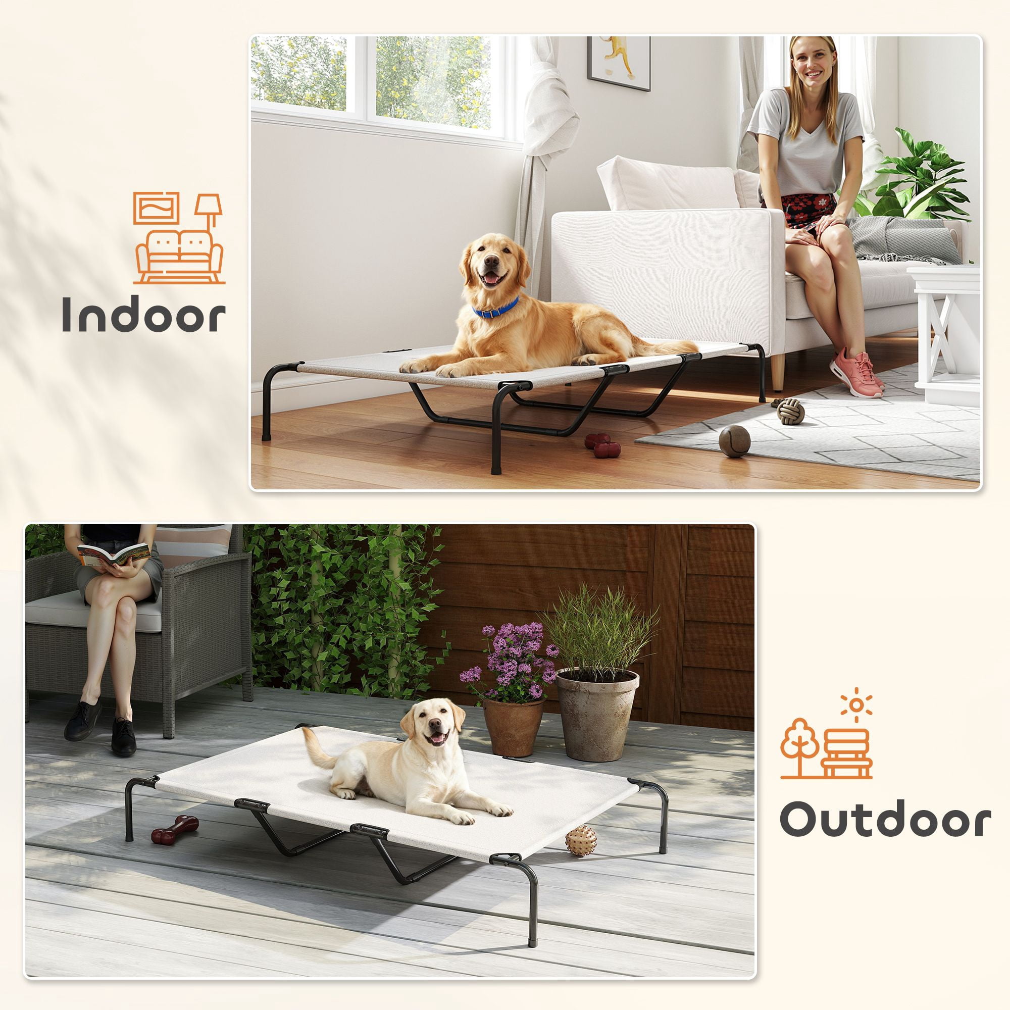 Elevated Dog Bed for Large Breeds 60"L Raised Cooling Pet Cot with Breathable Teslin Mesh 149 lbs Capacity Indoor Outdoor Dog Bed Beige