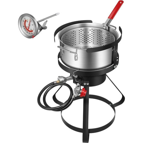 SPECSTAR 10Qt Aluminum Fish Fryer Pot with 6.7Qt Strainer Basket, 4 Inches Thermometer and 54,000 BTU Propane Burner