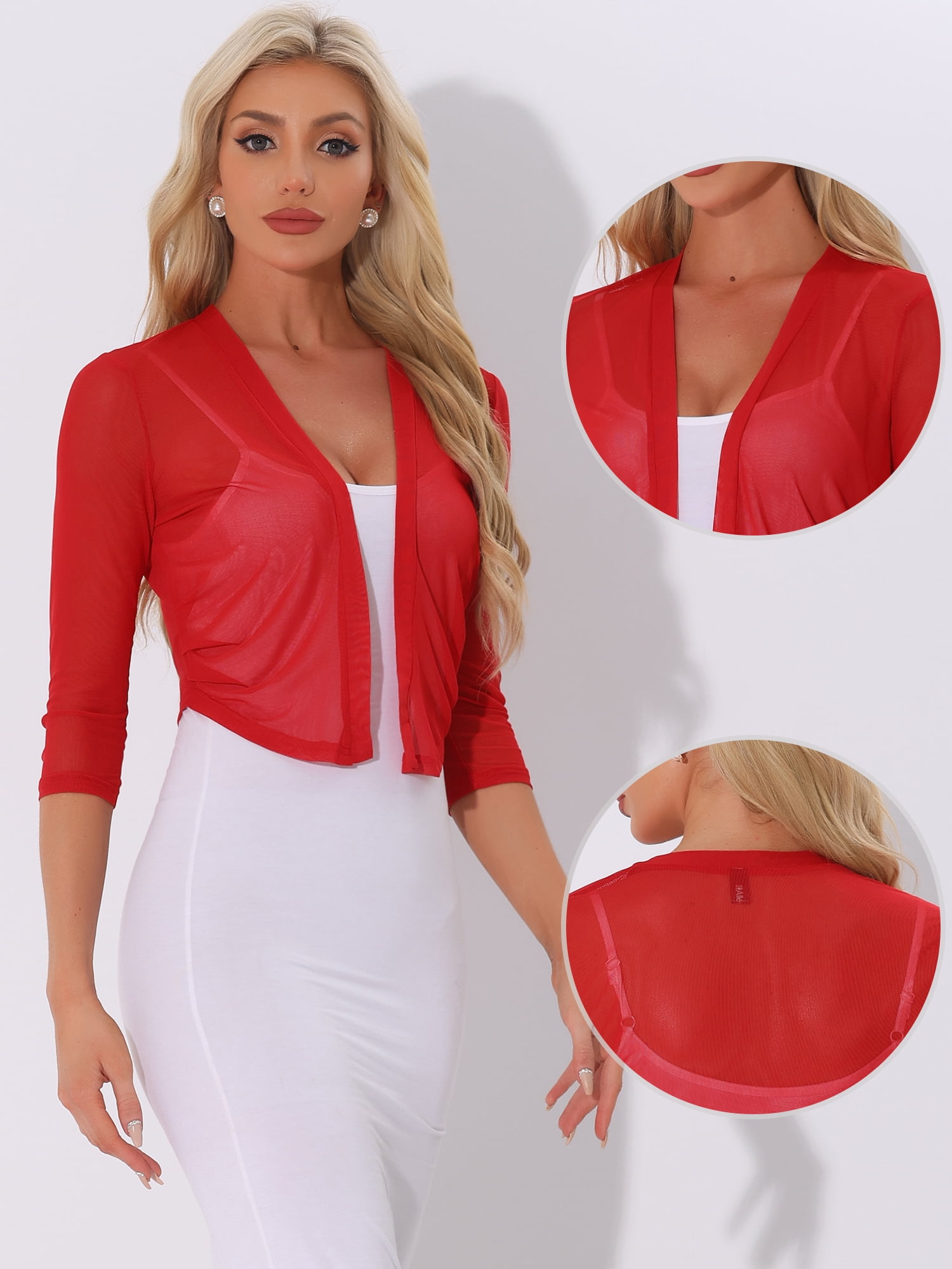 DARING DIVA Elegant Women's 3/4 Sleeve Sheer Mesh Cardigan Dresses S Red