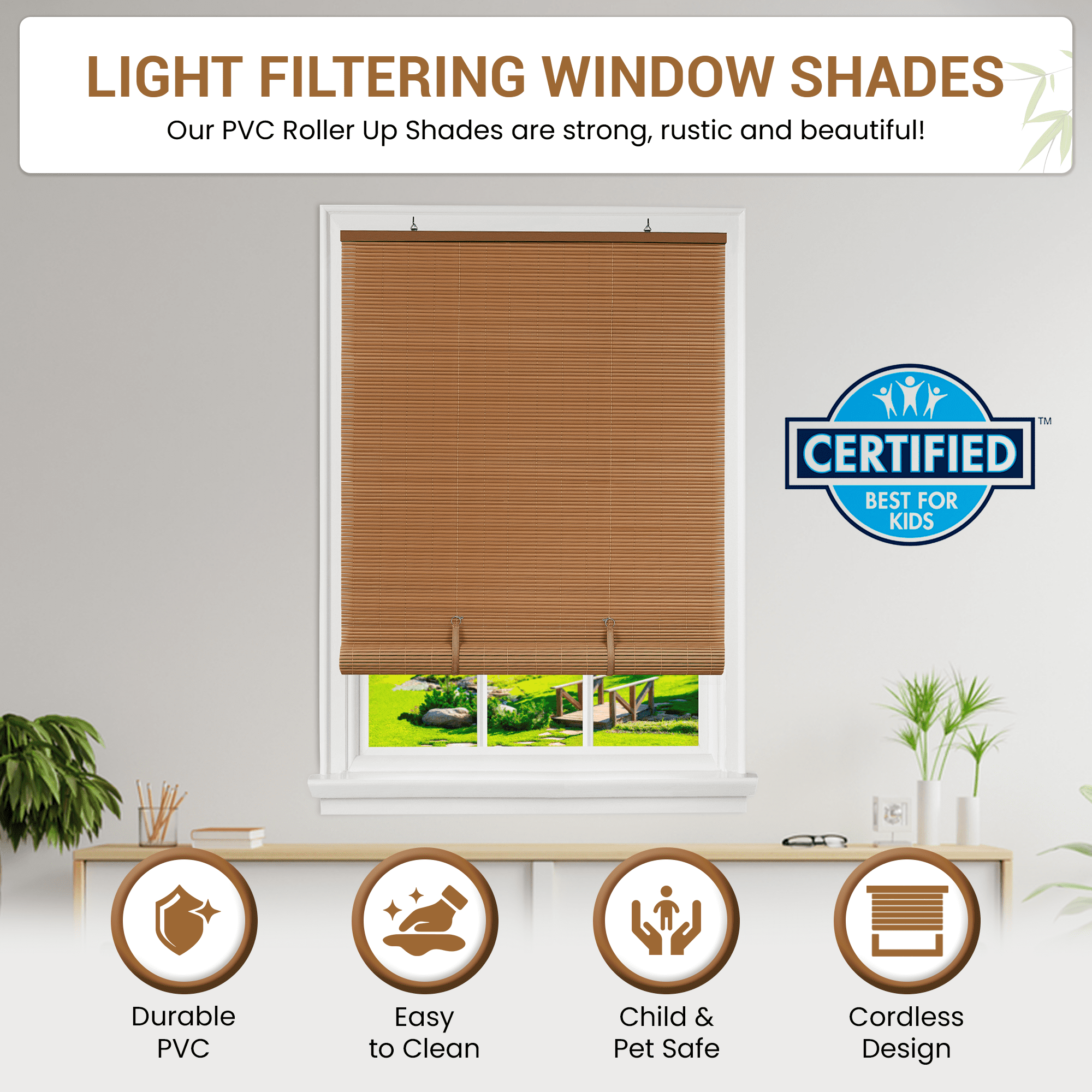 PowerSellerUSA Oval Cordless Blinds, Roll-Up Roller Shades for Windows and Doors, Light Filtering and Shades Privacy Window Treatment for Home - 36" (Width) x 72" (Length) Woodtone