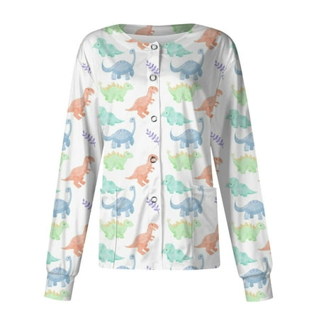 

Taymeis Womens Scrub Jackets Pastel Color Dinosaurs Jacket Top Animal Patterned Nurse Uniforms for Women Long Sleeve Round Neck Shirts Tee Jacket Tops with Pockets Light Blue 3XL