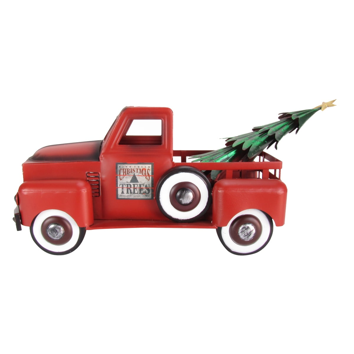 red metal truck with christmas tree