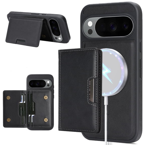 Case for Google Pixel 11 Pro, PU Leather Protective Cover with Magnetic Detachable Card Holder, Kickstand and Soft Microfiber Lining, Black
