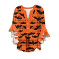 thumbnail image 2 of WTOBBY Women's Halloween Printed V-Neck 3/4 Sleeve Casual Shirt Loose Fit Blouse Tunic Top with Asymmetrical Hem for Fall Holiday Party,Saffron S, 2 of 6