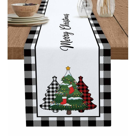 Table Runners 60 Inches Long Dress Scarves, Christmas Trees Farmhouse Kitchen/Dining Table Runner, Small Coffee Tablerunners, Xmas Winter Plaid Pine Wooden Grain Black 13x60 Inch