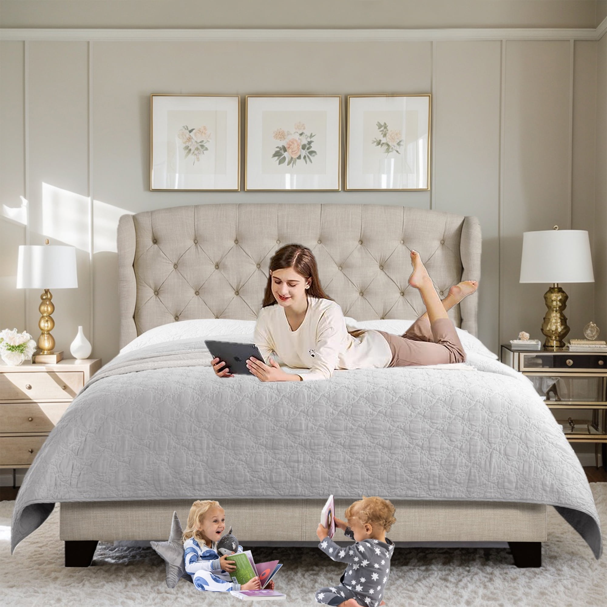 Queen Size Classical Bed Frame with Adjustable Button Tufted Headboard, Fabric Upholstered Platform Bed Frame for Bedroom, Strong Wooden Slat Support, Easy Assembly, Beige