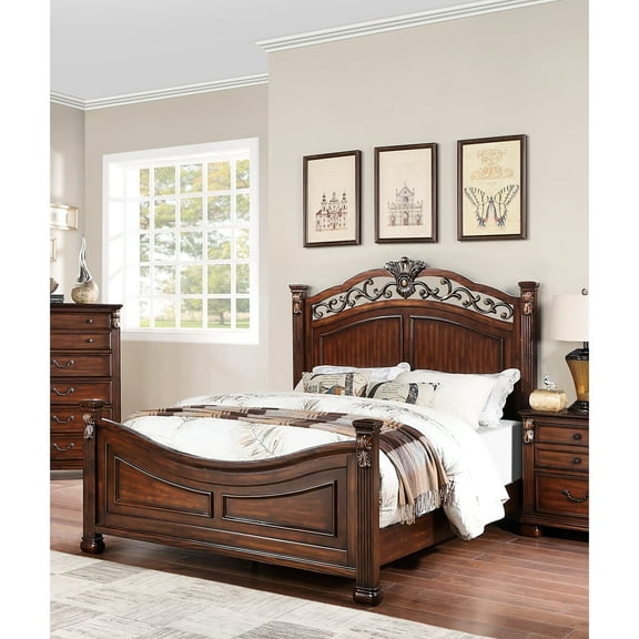 Luxury Dark Cherry Color King Bed, American Traditional Style Headboard And Eastern Faux Leather Bedframe