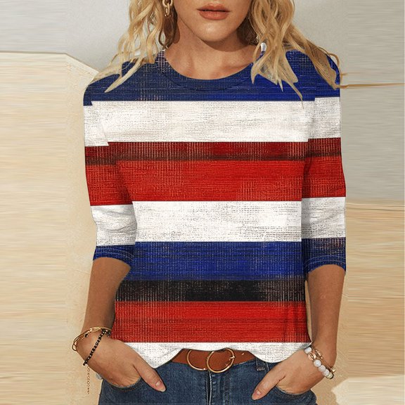 TaTaai Womens Tops 3/4 Sleeve Round Neck Stripe Print Loose T Shirt Casual Soft Breathable for Weekend