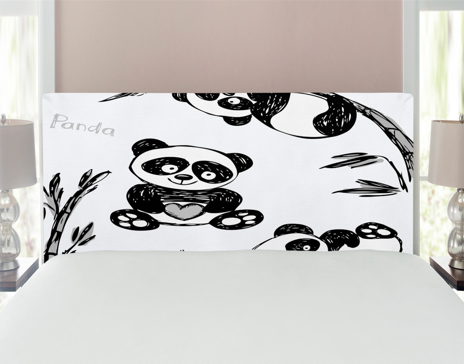 Panda Headboard, Cheerful Animal Different Poses Bamboo Branch Painting