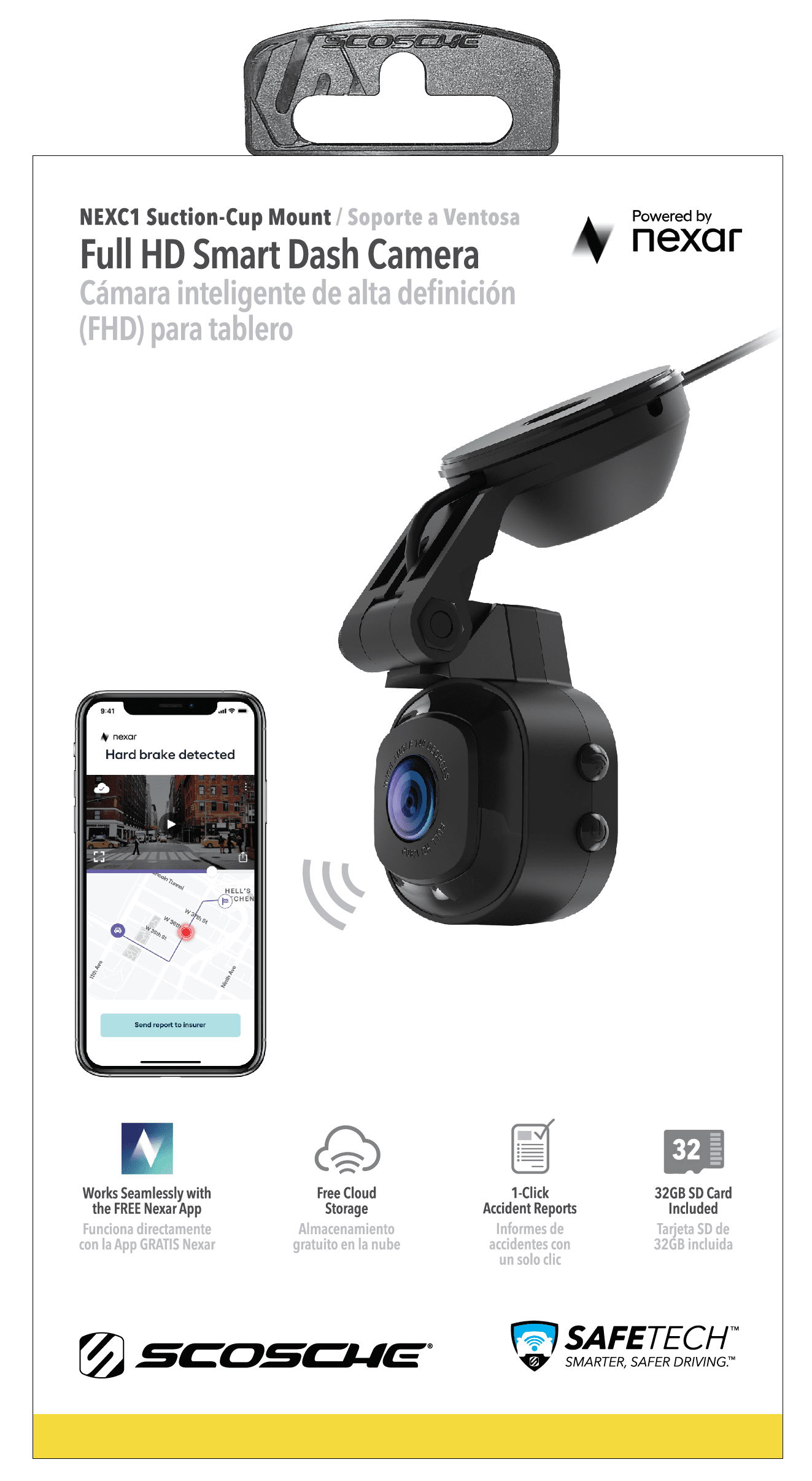 Scosche NEXS10032-ET Full HD Smart Dash Cam Powered by Nexar with Adhesive  Mount and 32GB micro-SD card