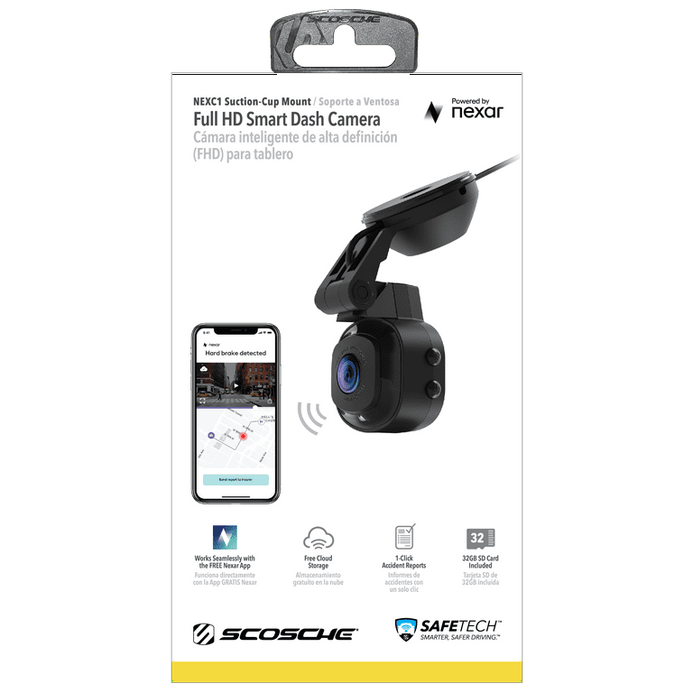 Scosche NEXC11032W-SP1 Full HD Smart Windshield Mount Car Dash Cam Powered  by Nexar Black