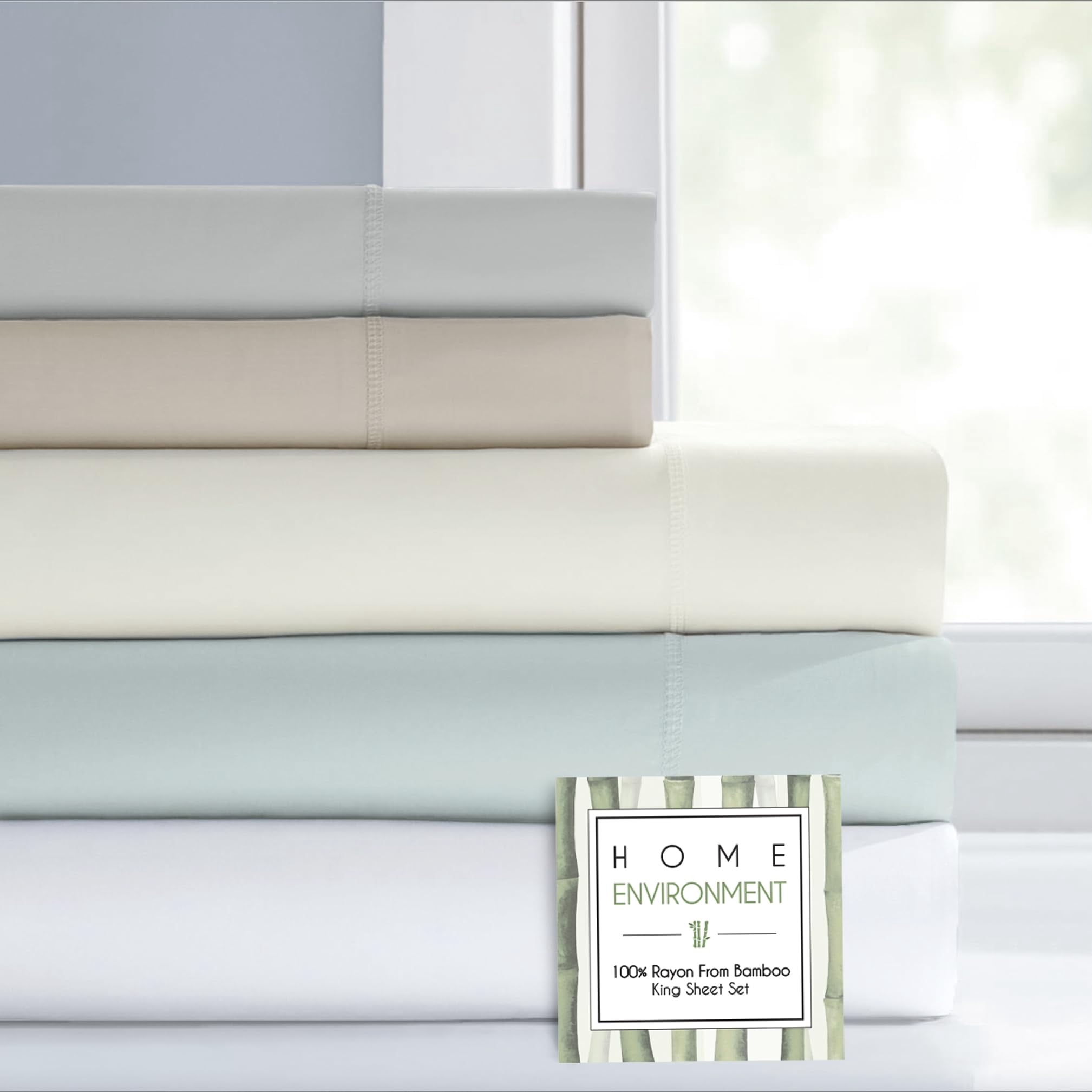 Bamboo Fiber Sheet Set Queen, Rayon from Bamboo Luxury Bedding, 3° Cooler Than Cotton, Silky Smooth & Durable, Deep Pocket Fitted, Sea Glass